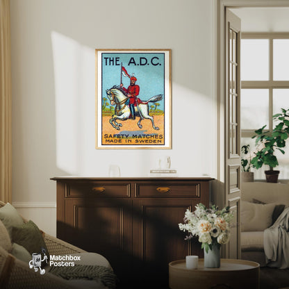 Royal Red Horse Rider - vintage matchbox label print - living room mockup