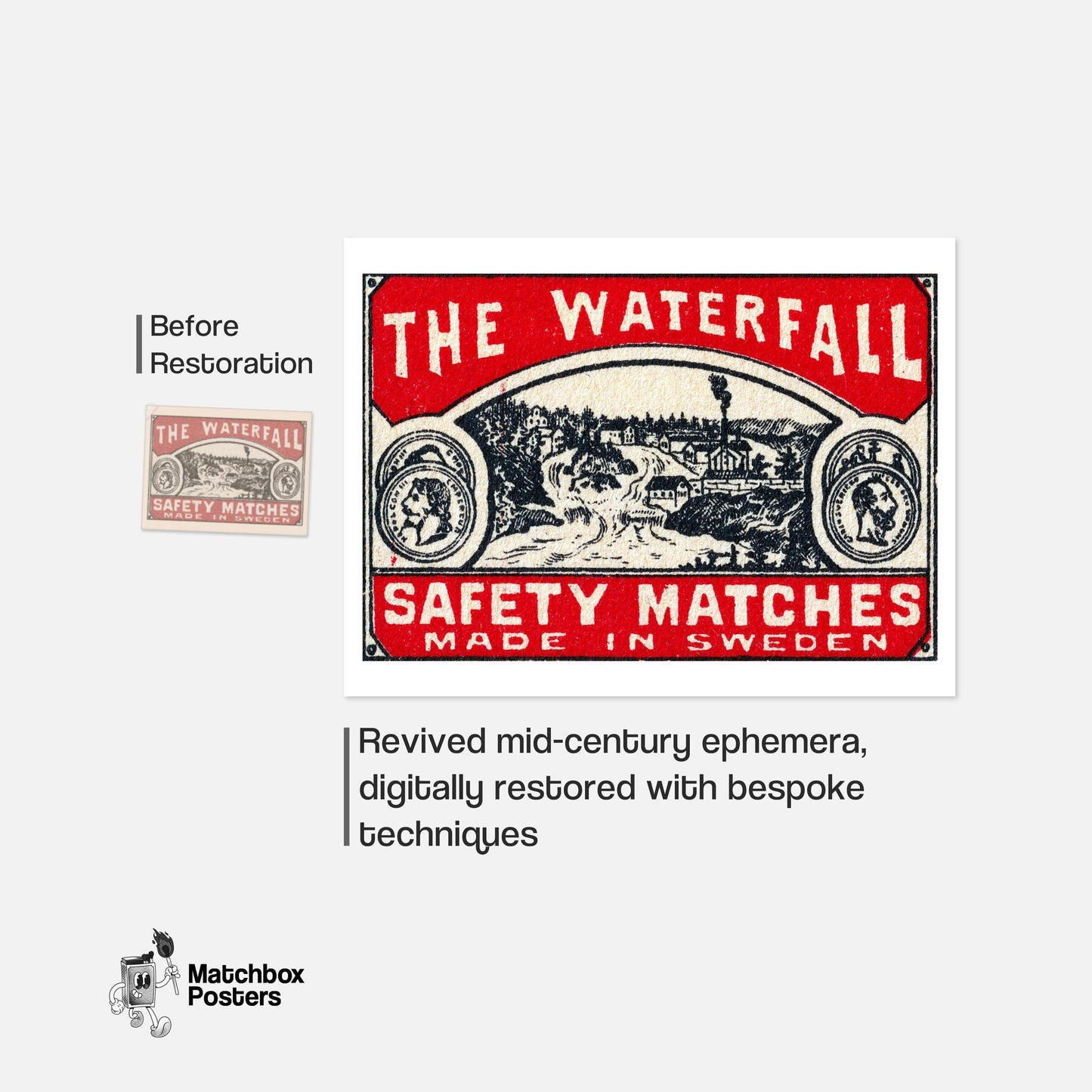 The Waterfall - vintage matchbox label print - framed wall art preview