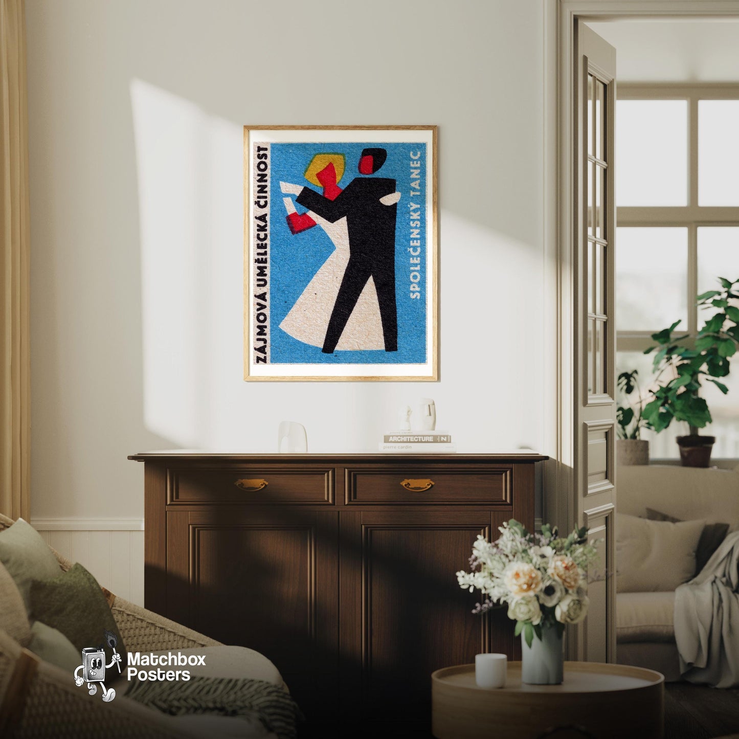 Stylized Figure - vintage matchbox label print - living room mockup