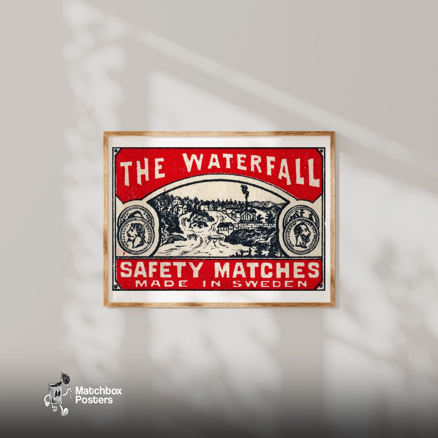 The Waterfall - vintage matchbox label print - bedroom mockup