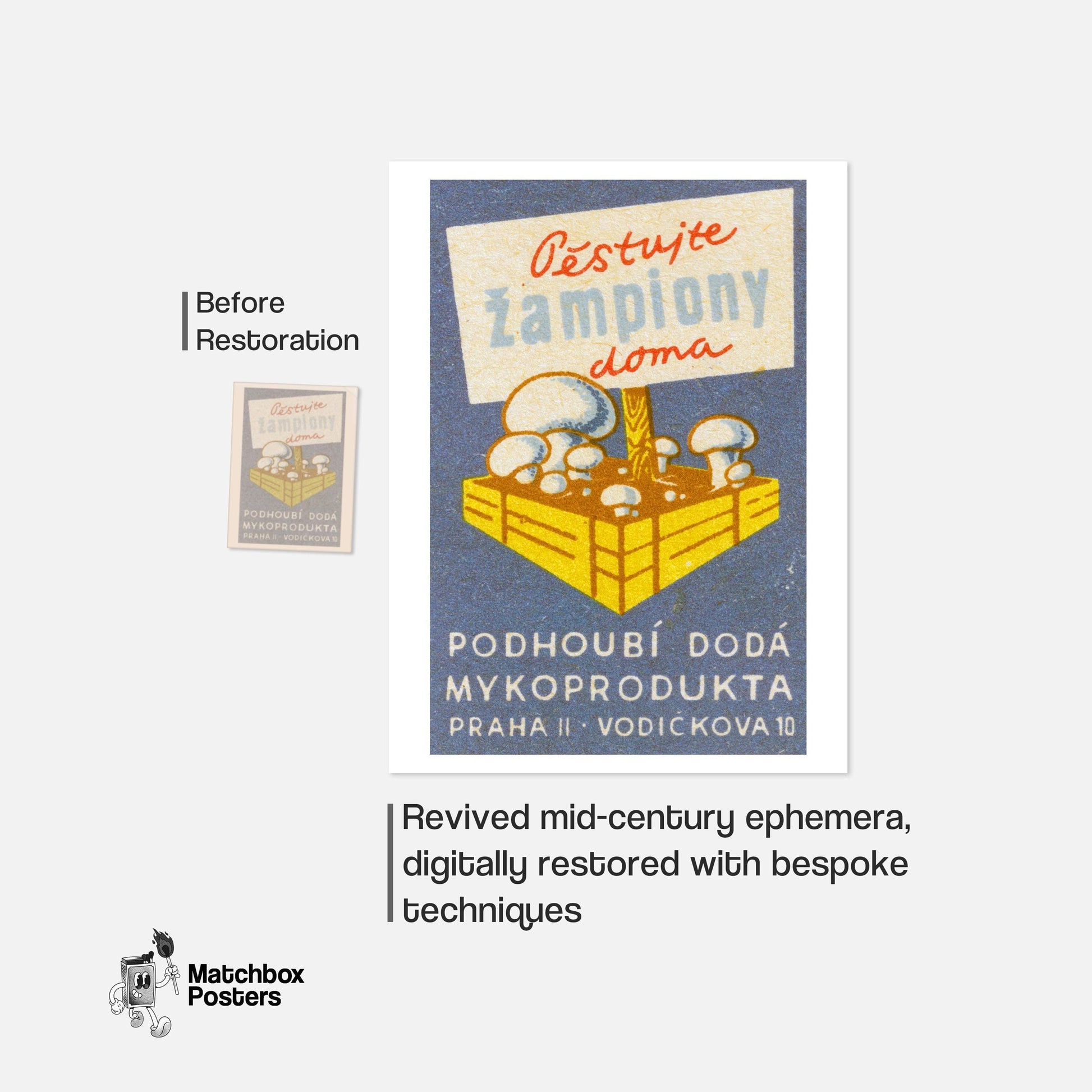 Mushrooms Growing - vintage matchbox label print - framed wall art preview