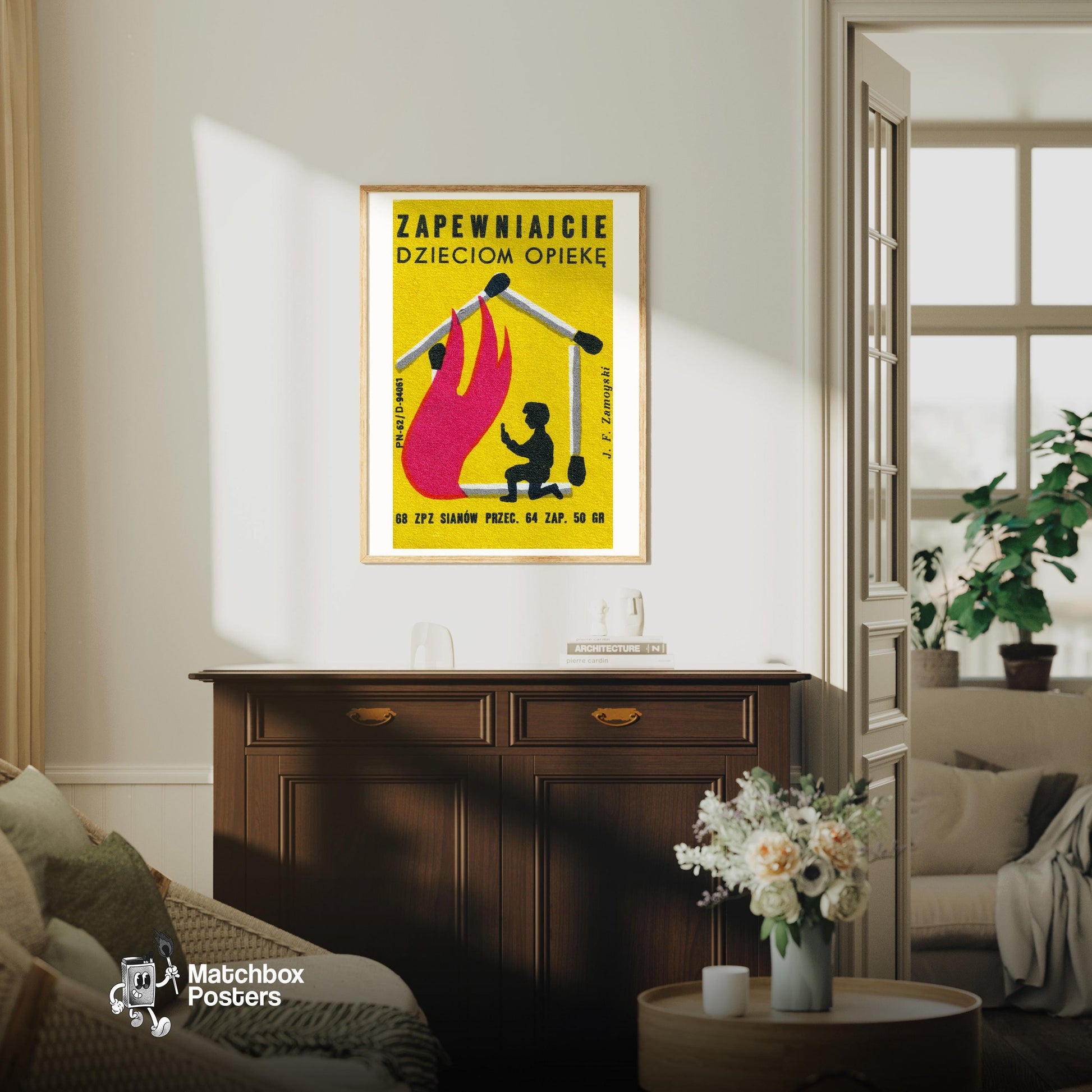 Matches Cause Housefires - vintage matchbox label print - living room mockup