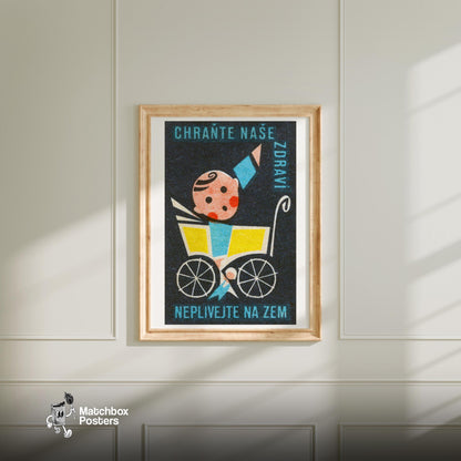 Baby in Yellow Stroller - vintage matchbox label print - bedroom mockup