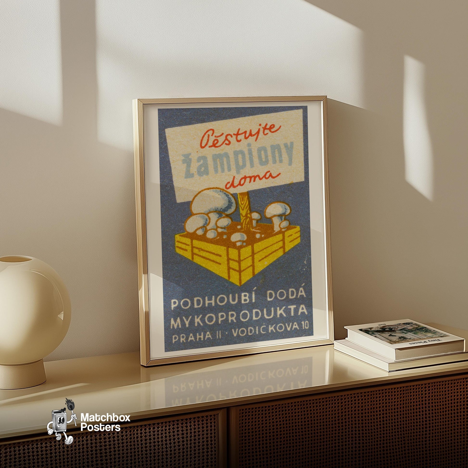 Mushrooms Growing - vintage matchbox label print - size comparison