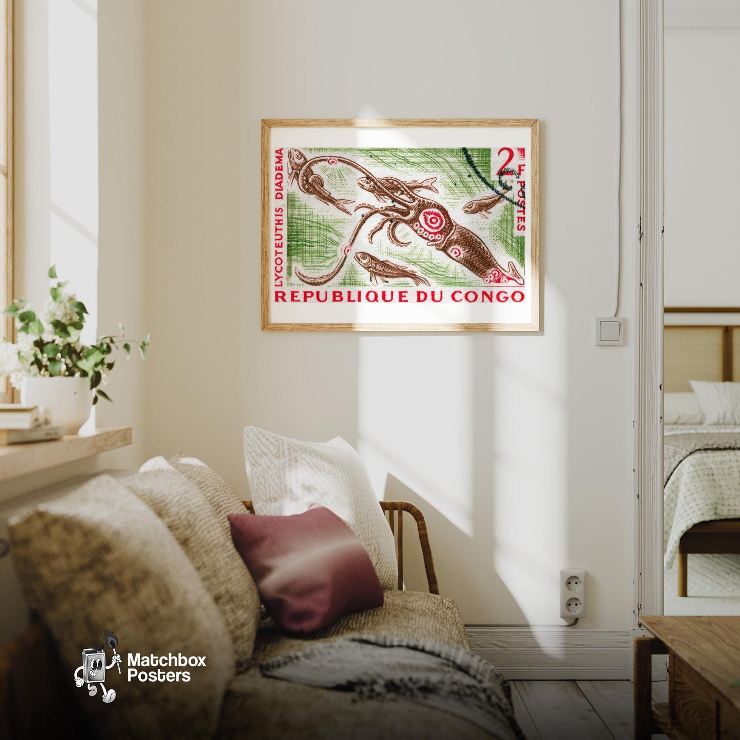 Squid and Fish - vintage matchbox label print - living room mockup
