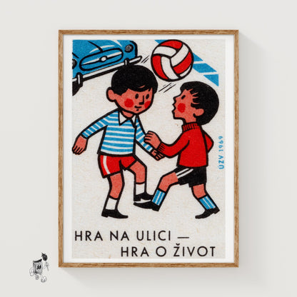 Boys Playing with Ball - vintage matchbox label print