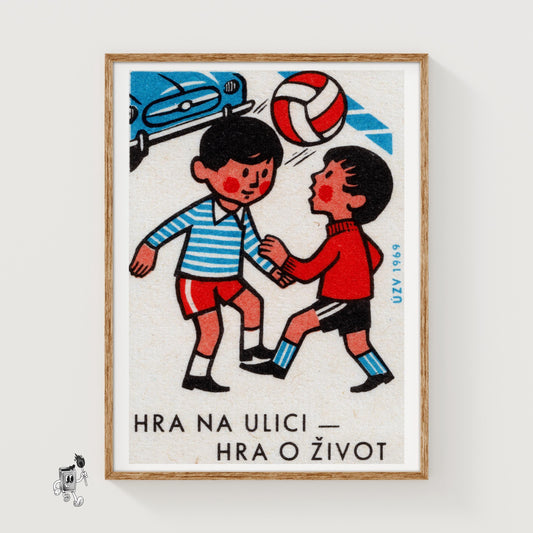 Boys Playing with Ball - vintage matchbox label print