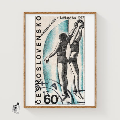 Female Basketball Players - vintage matchbox label print