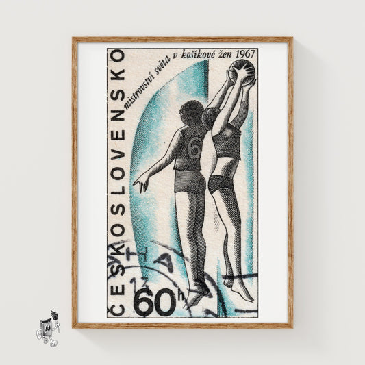Female Basketball Players - vintage matchbox label print