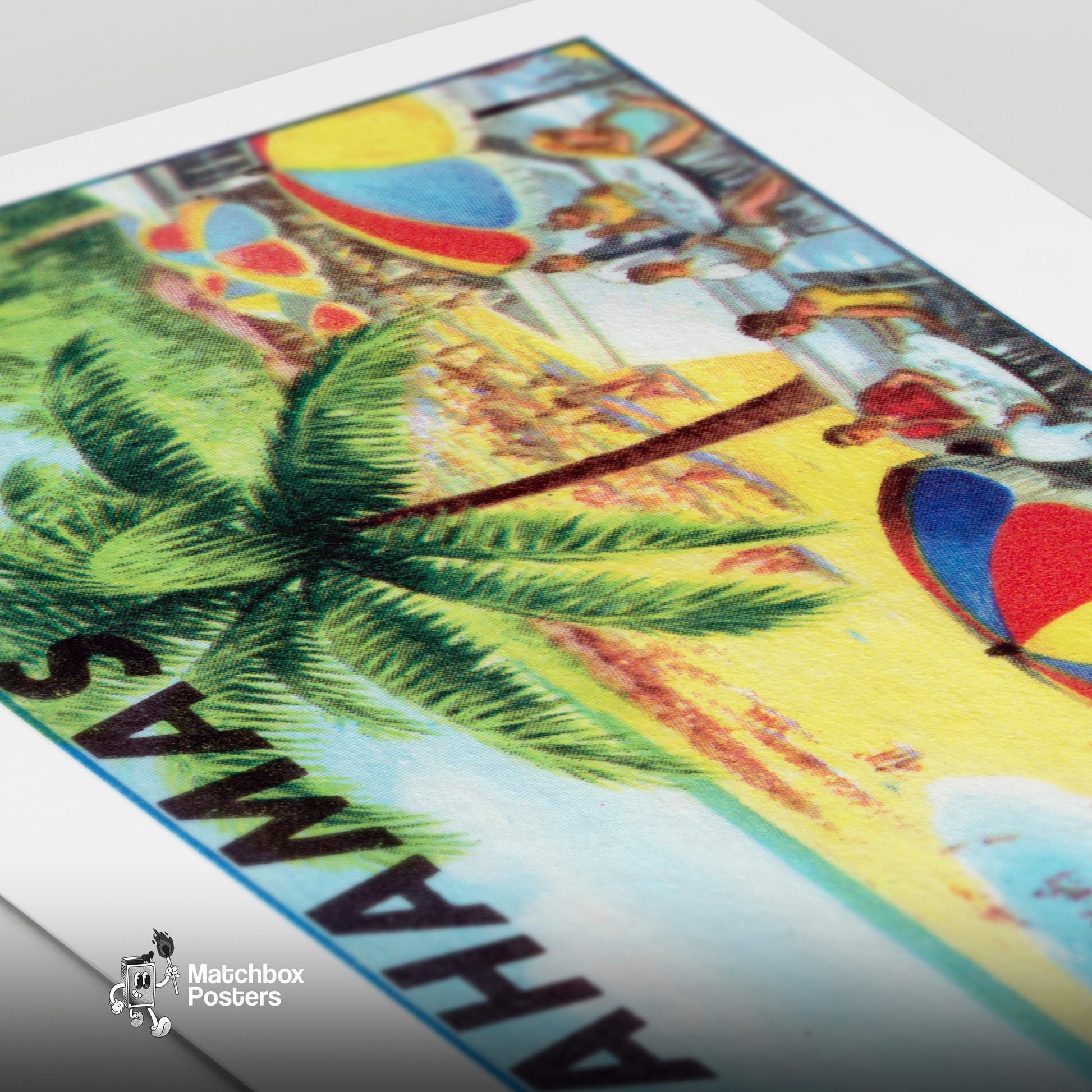 Beach Scene Bahamas - vintage matchbox label print - close-up detail
