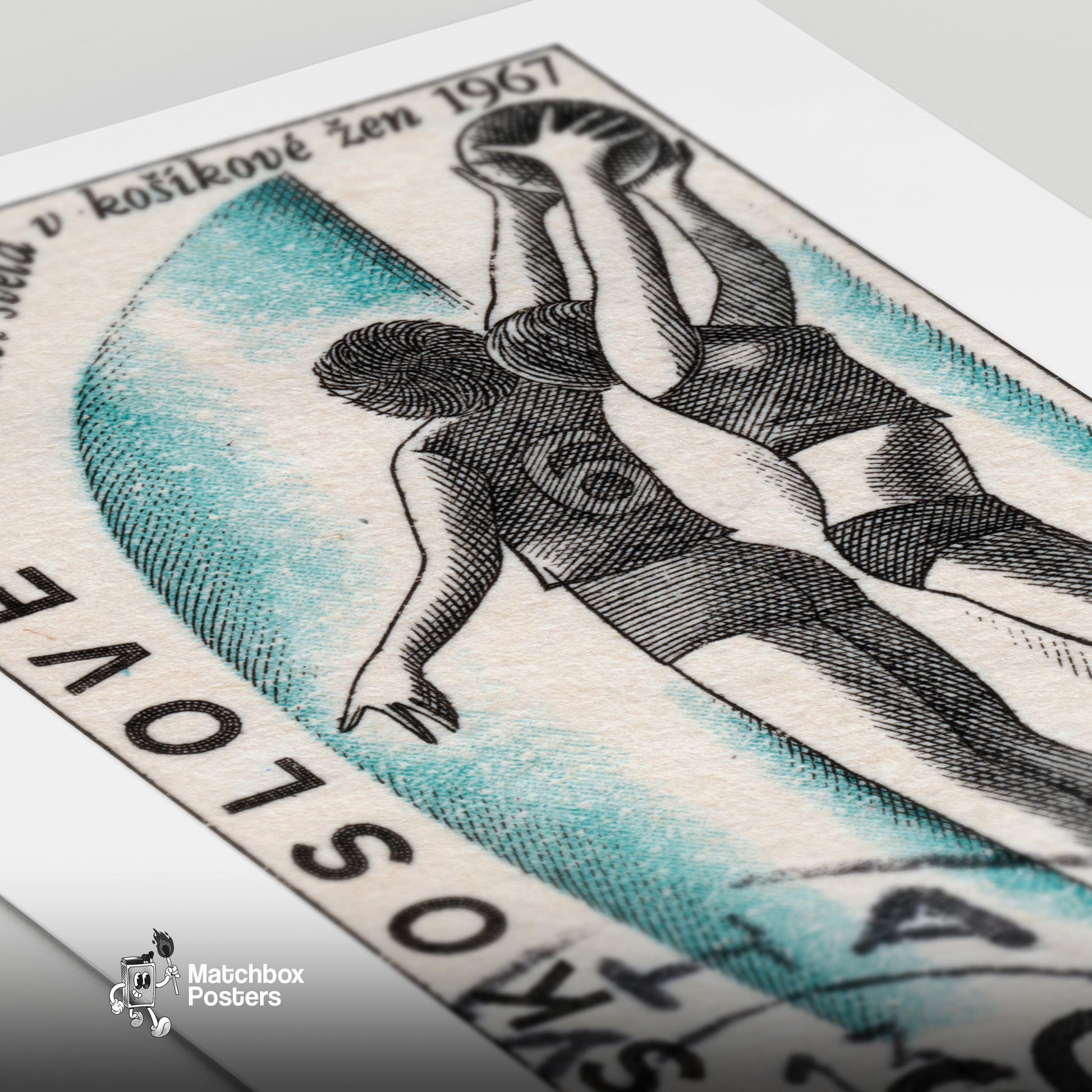 Female Basketball Players - vintage matchbox label print - close-up detail