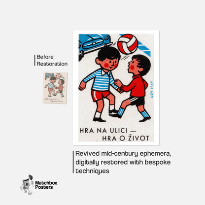 Boys Playing with Ball - vintage matchbox label print - framed wall art preview