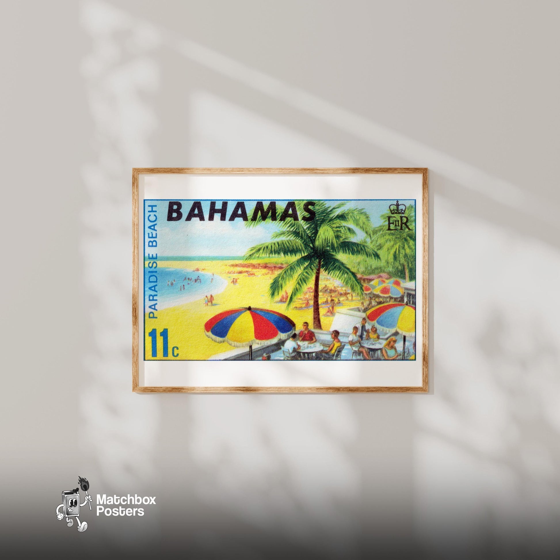 Beach Scene Bahamas - vintage matchbox label print - bedroom mockup