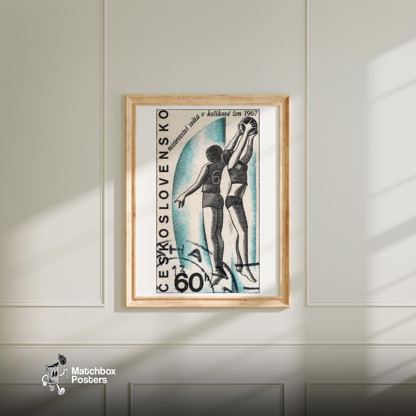 Female Basketball Players - vintage matchbox label print - bedroom mockup