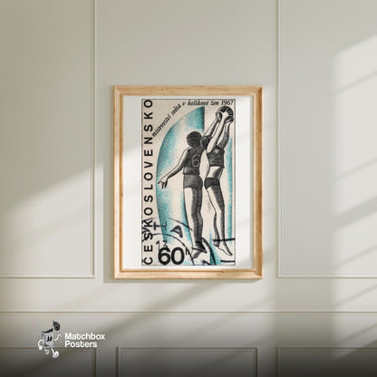 Female Basketball Players - vintage matchbox label print - bedroom mockup