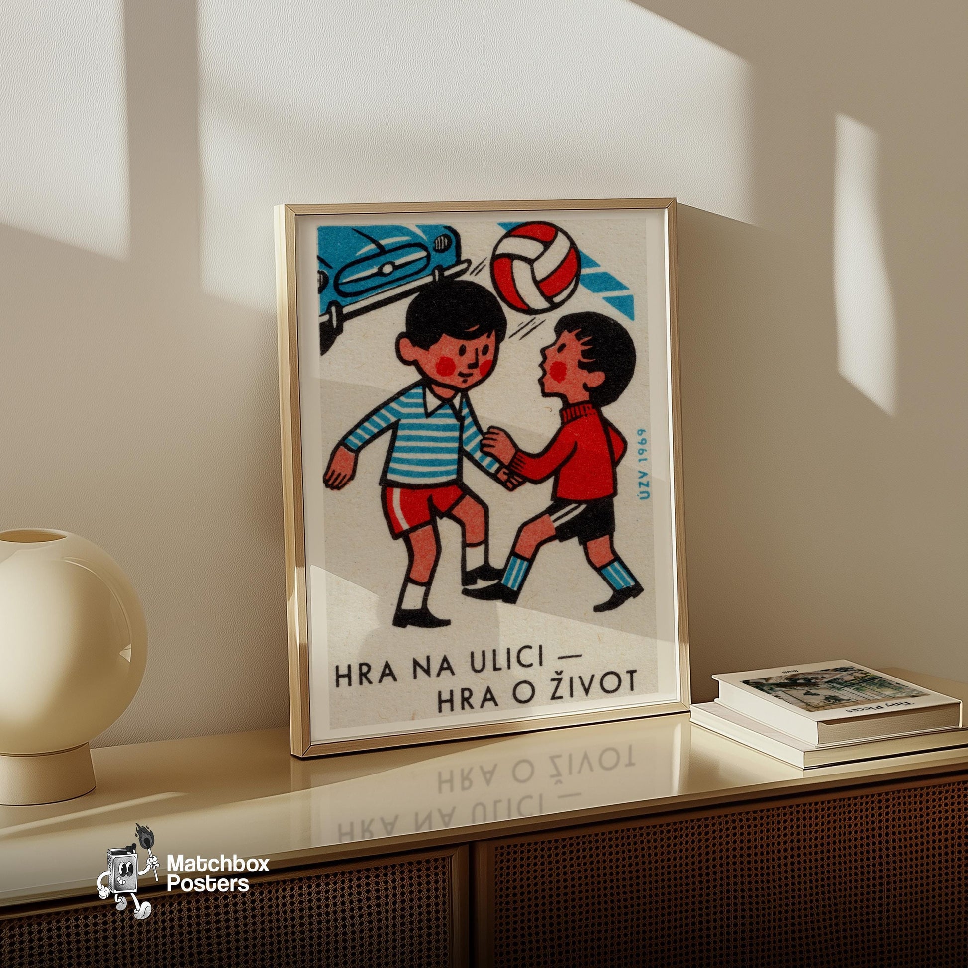 Boys Playing with Ball - vintage matchbox label print - size comparison