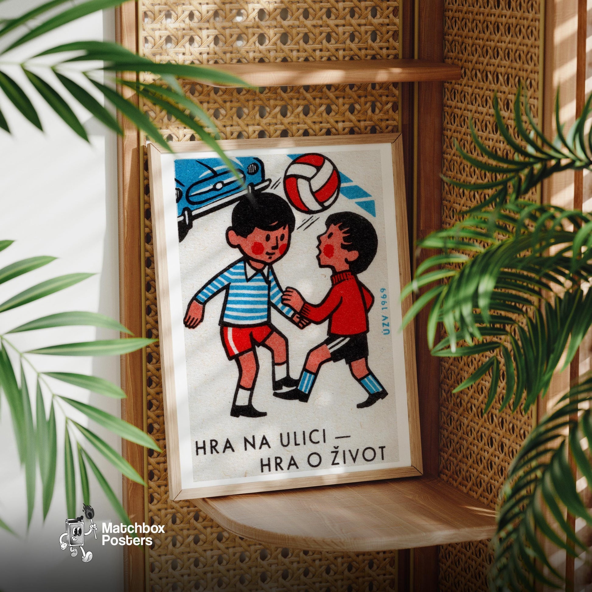 Boys Playing with Ball - vintage matchbox label print - office wall