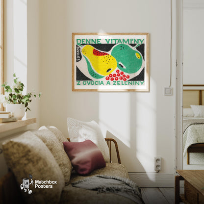 Fruit and Vegetables - vintage matchbox label print - living room mockup