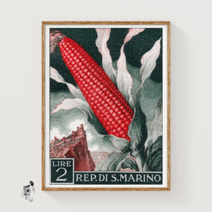 Red Corn: Vintage REP. DI S. MARINO Stamp - vintage matchbox label print