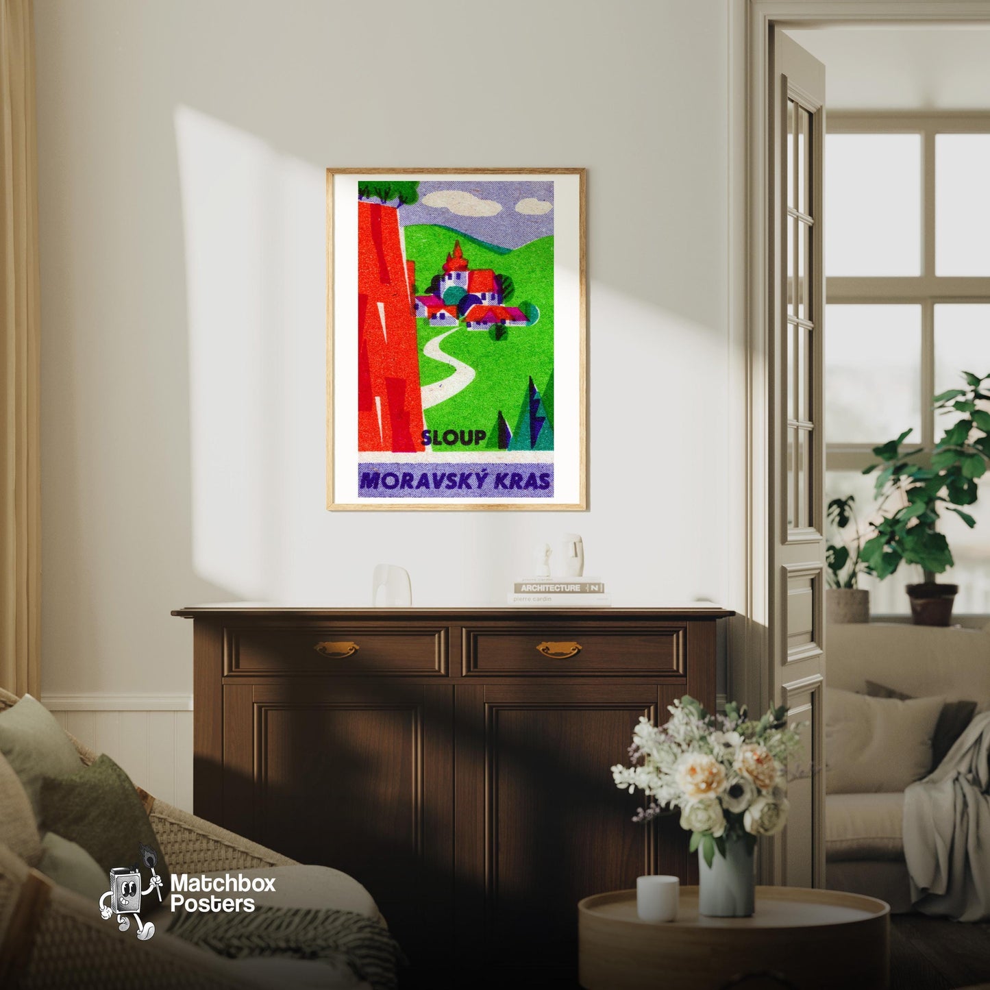 Countryside Town - vintage matchbox label print - living room mockup
