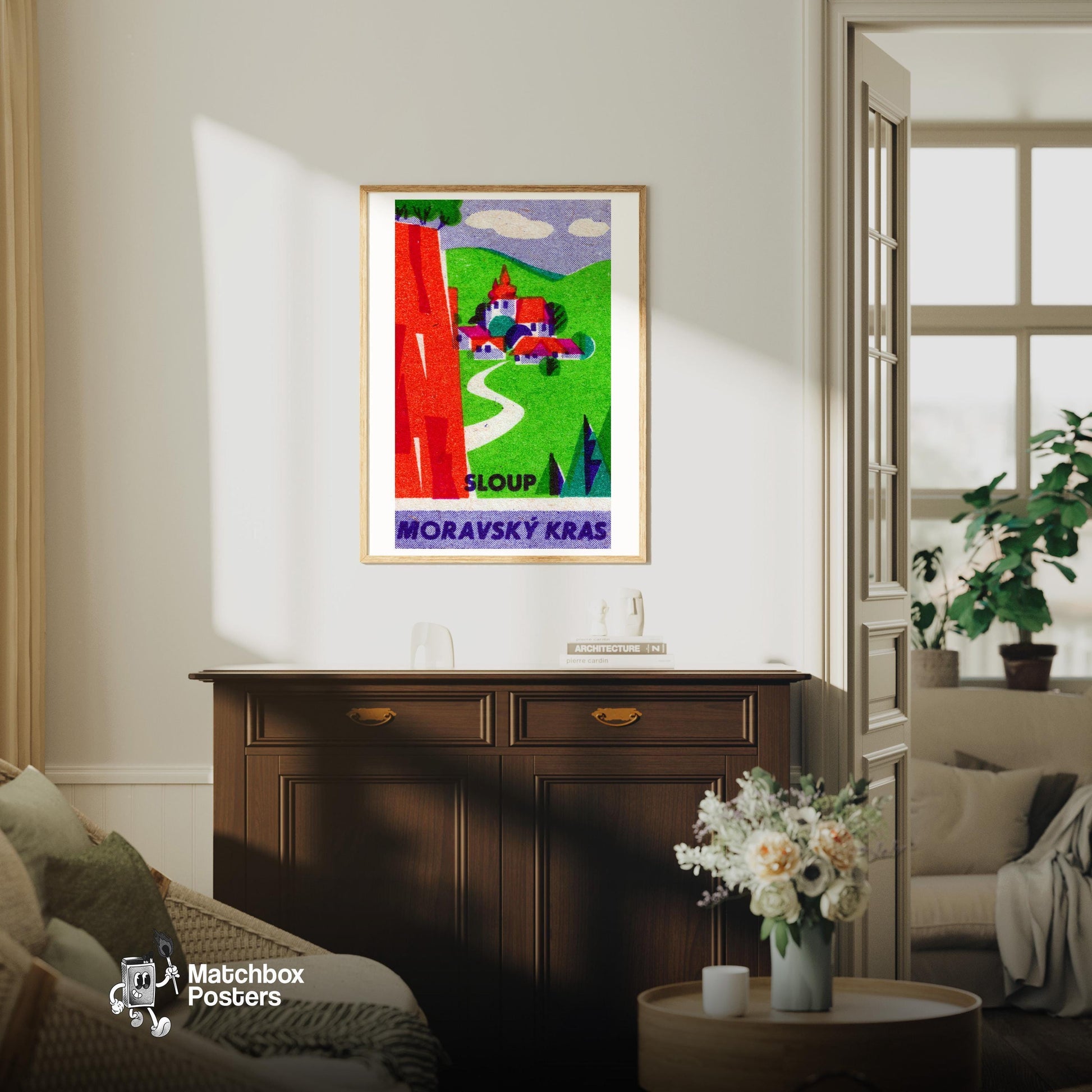 Countryside Town - vintage matchbox label print - living room mockup