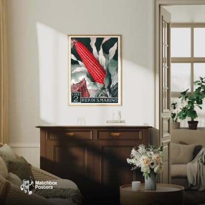 Red Corn: Vintage REP. DI S. MARINO Stamp - vintage matchbox label print - living room mockup