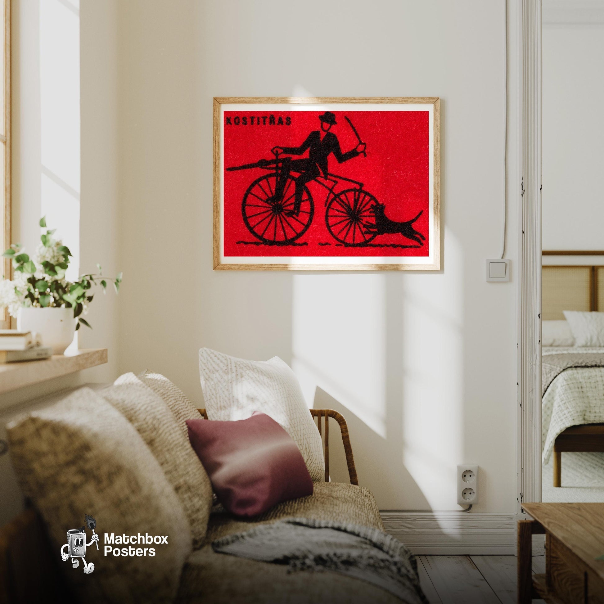Cyclist with Dog - vintage matchbox label print - living room mockup