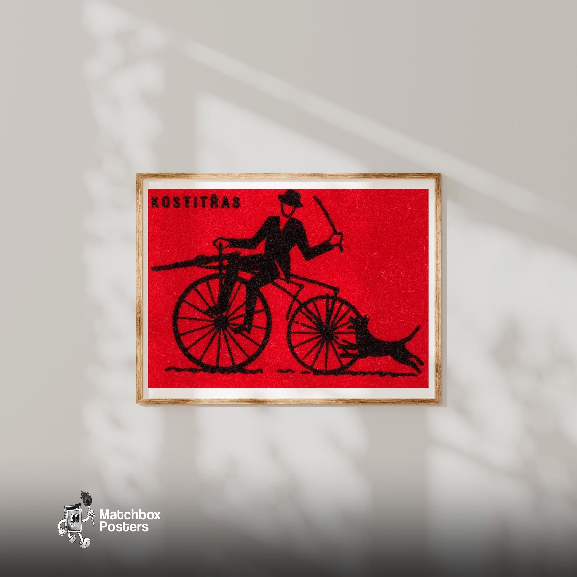 Cyclist with Dog - vintage matchbox label print - bedroom mockup