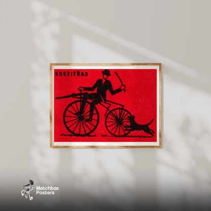 Cyclist with Dog - vintage matchbox label print - bedroom mockup