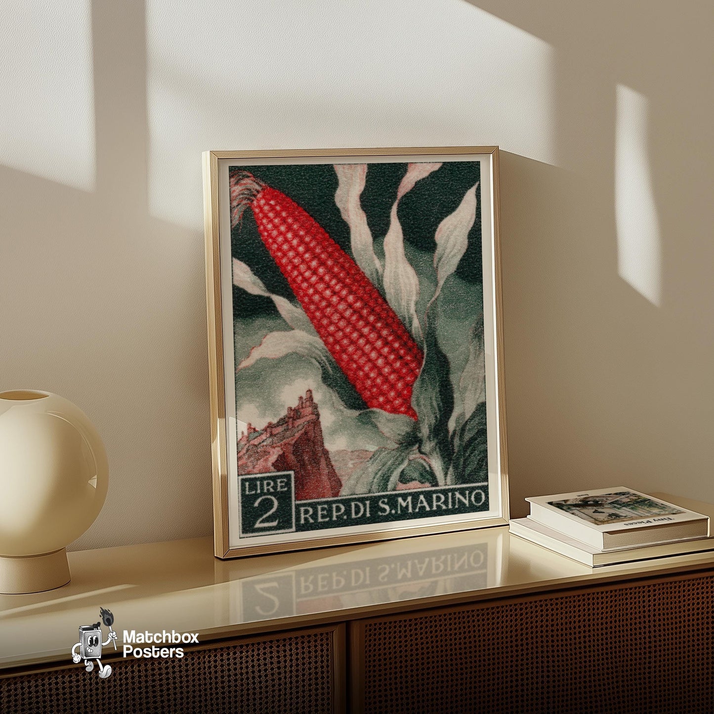 Red Corn: Vintage REP. DI S. MARINO Stamp - vintage matchbox label print - size comparison