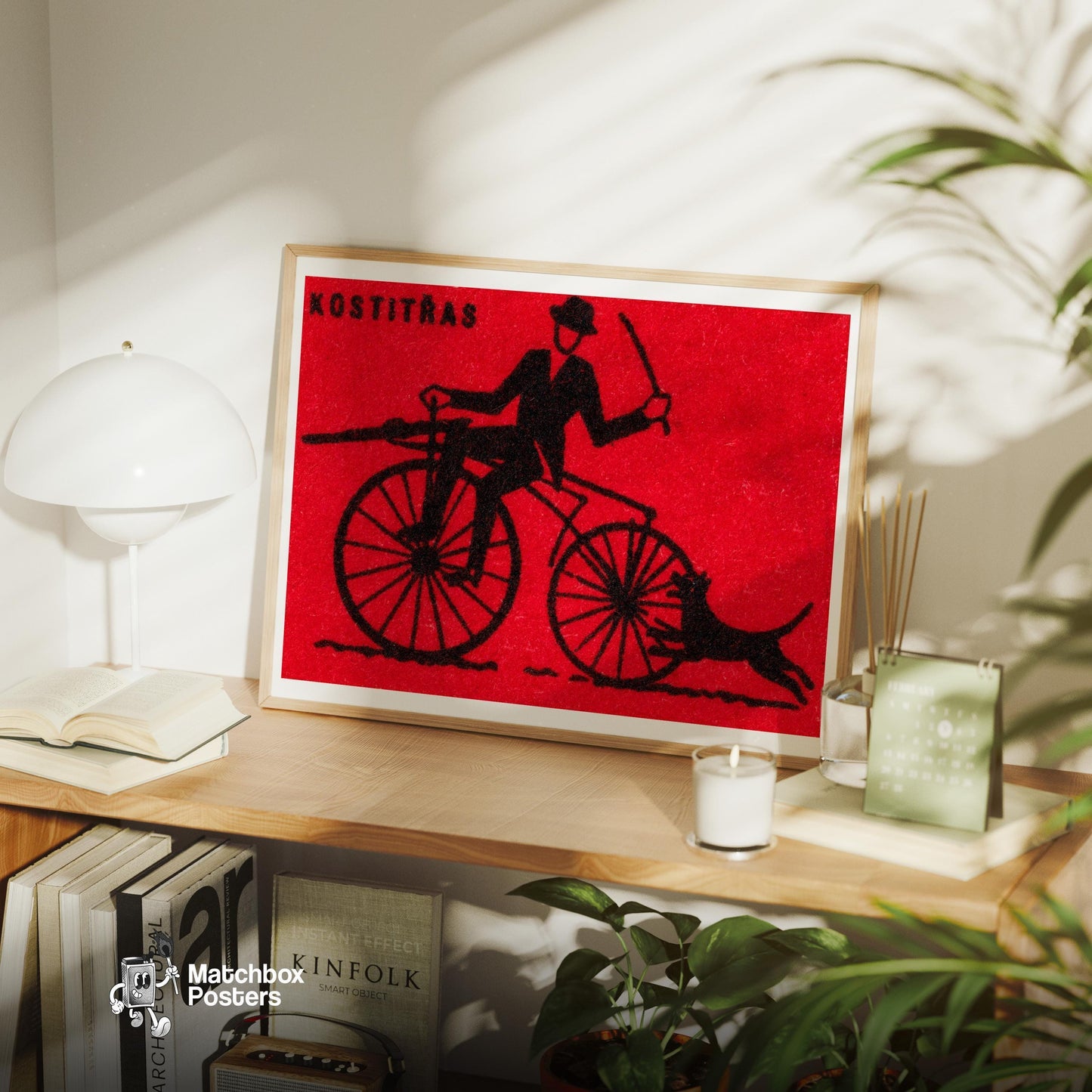 Cyclist with Dog - vintage matchbox label print - office wall