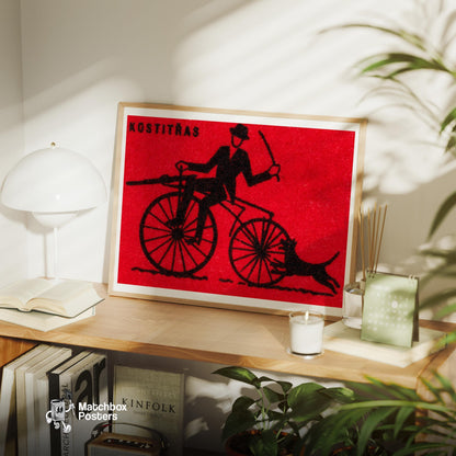 Cyclist with Dog - vintage matchbox label print - office wall