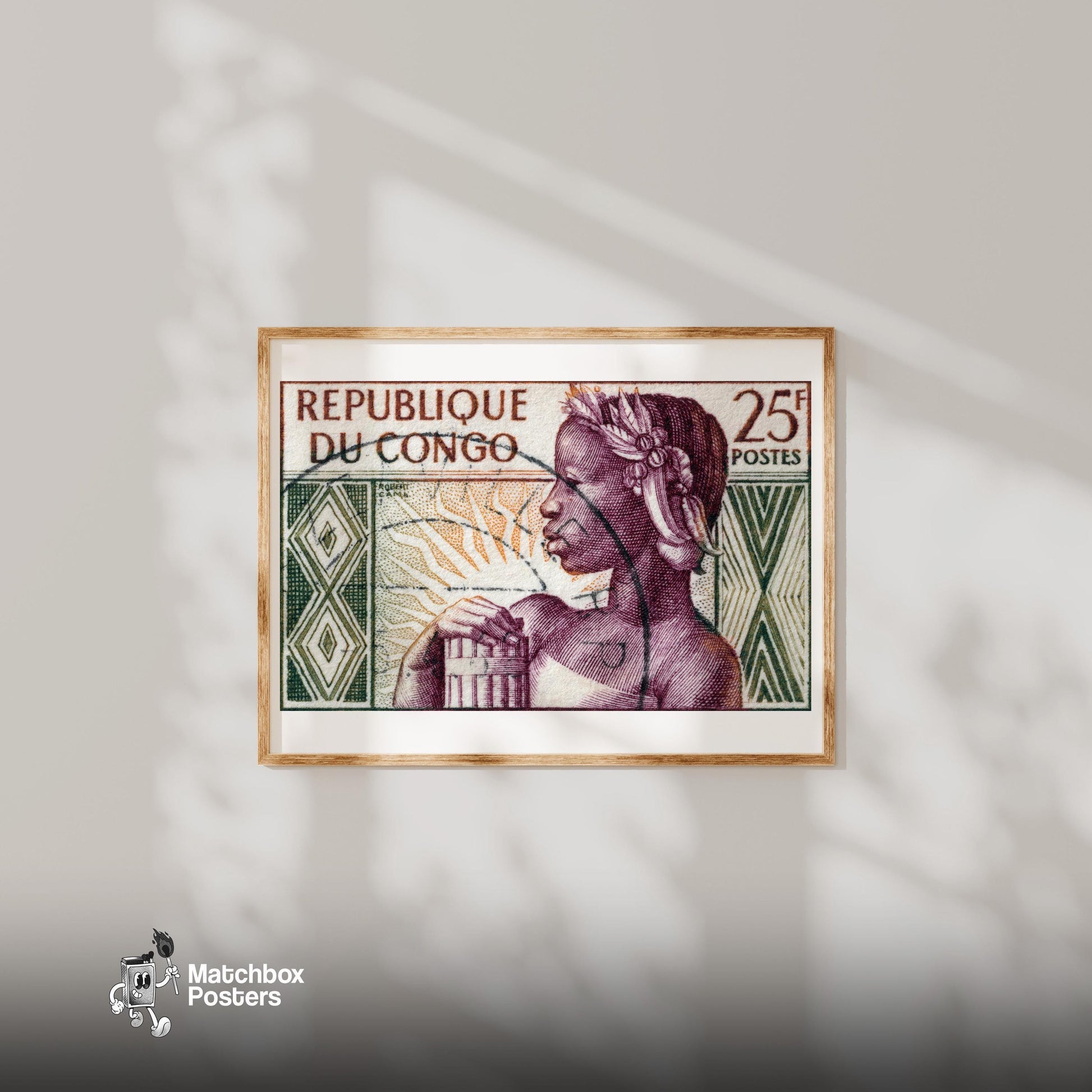 Congolese Woman - vintage matchbox label print - bedroom mockup