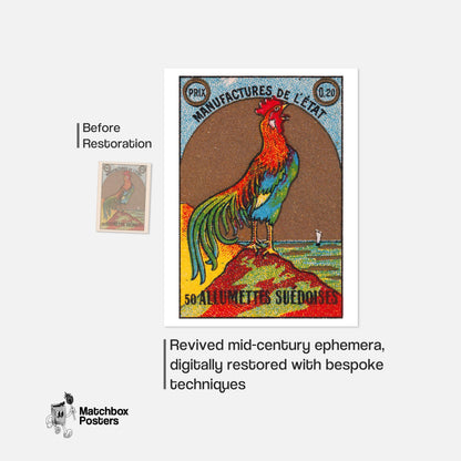 Colorful Rooster - vintage matchbox label print - framed wall art preview