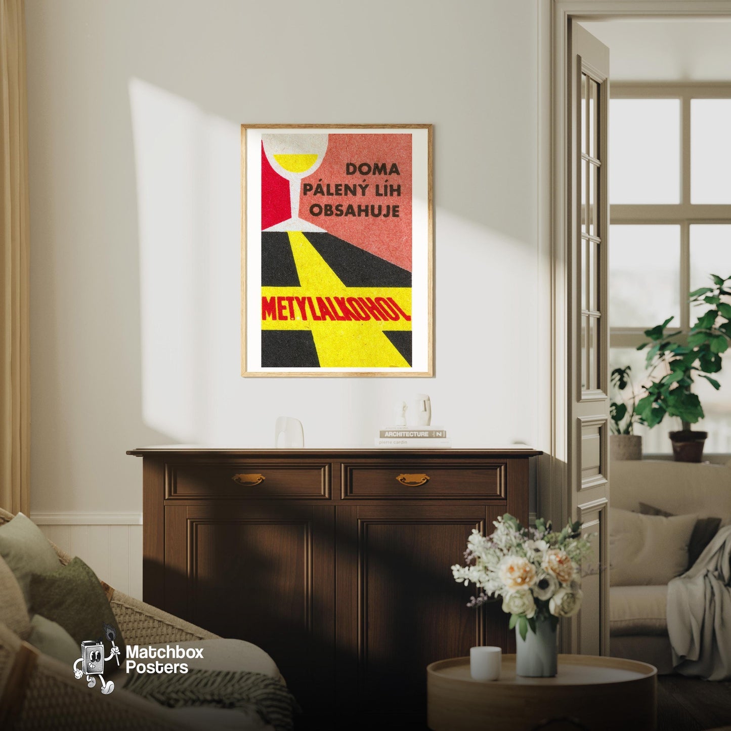 Dangers of Homemade Alcohol - vintage matchbox label print - living room mockup