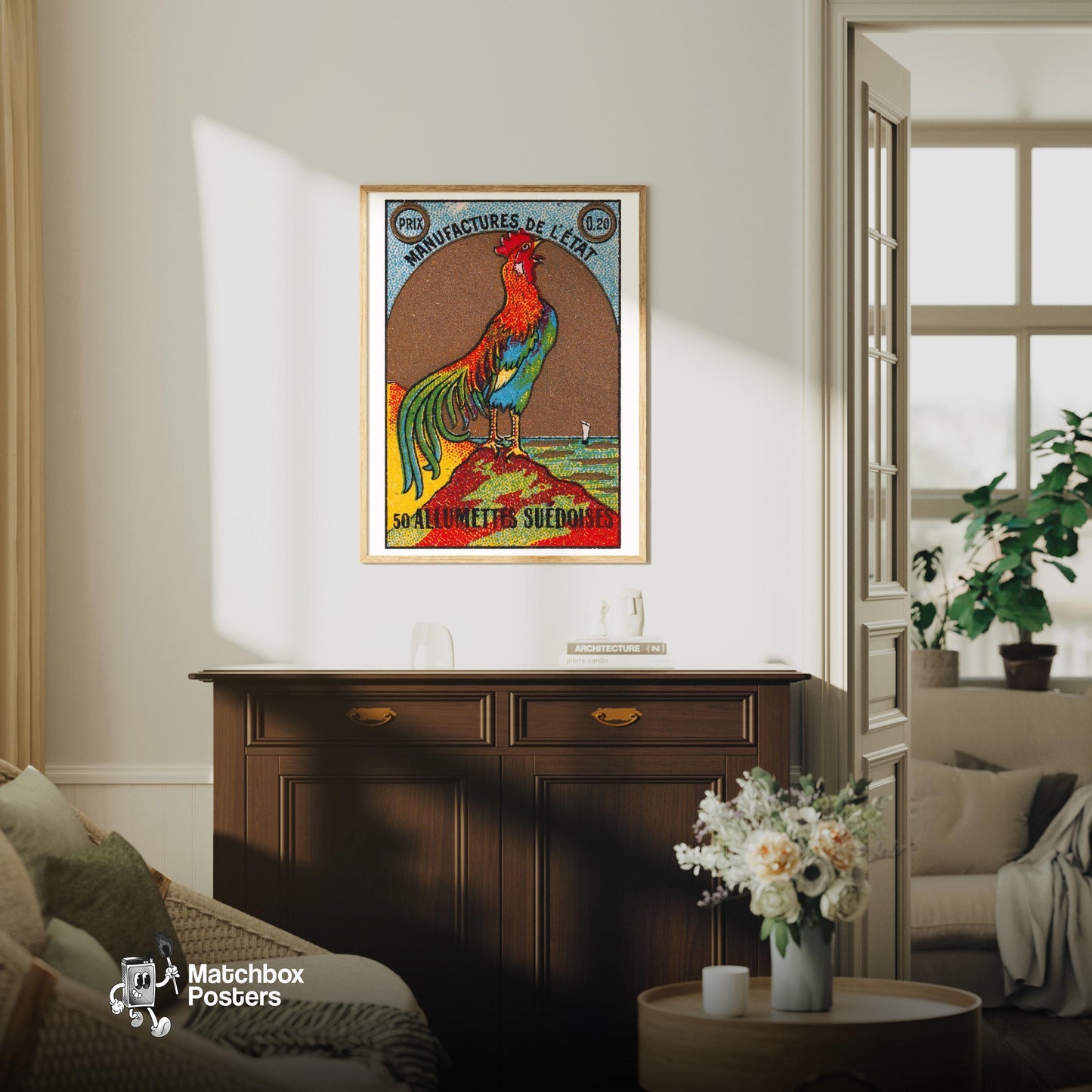 Colorful Rooster - vintage matchbox label print - living room mockup