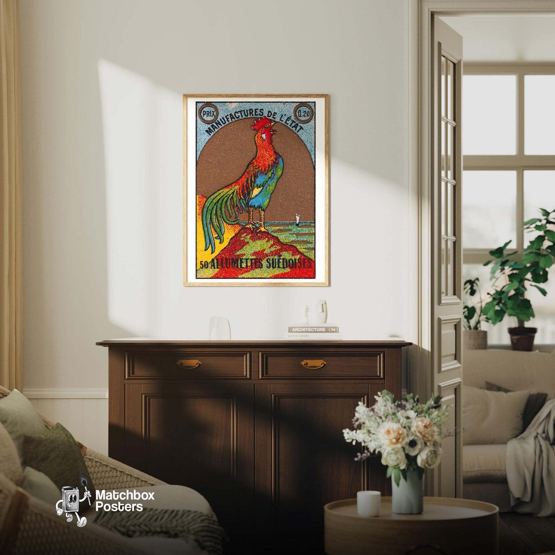 Colorful Rooster - vintage matchbox label print - living room mockup