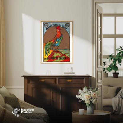 Colorful Rooster - vintage matchbox label print - living room mockup