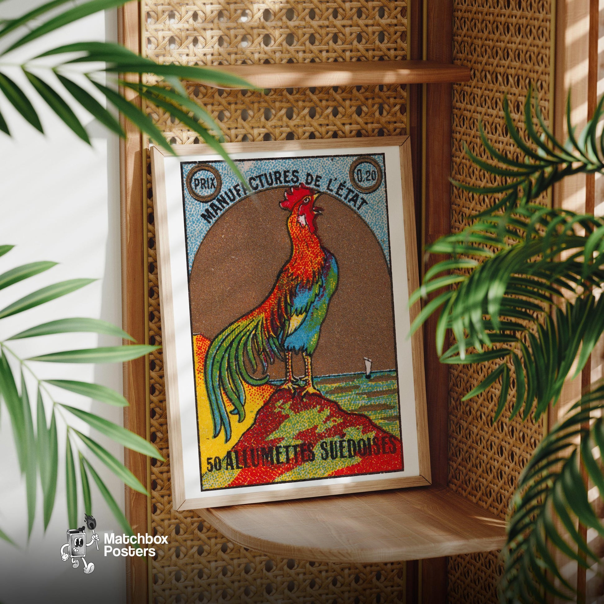 Colorful Rooster - vintage matchbox label print - office wall