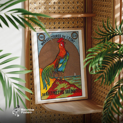 Colorful Rooster - vintage matchbox label print - office wall