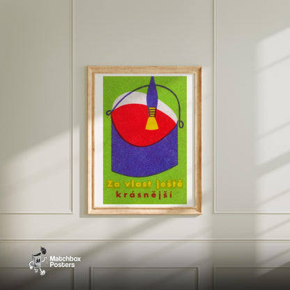 Red Paint Bucket - vintage matchbox label print - bedroom mockup