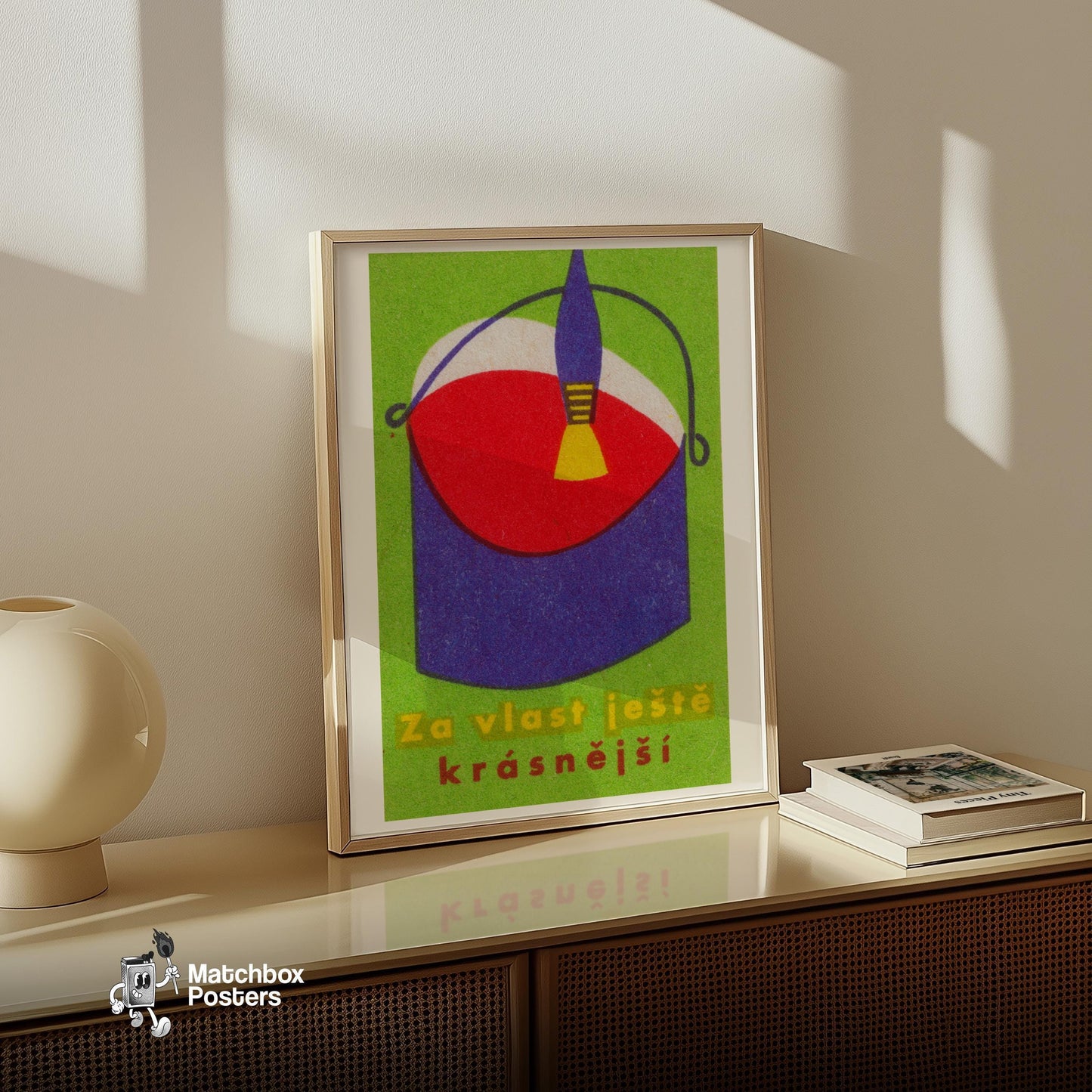 Red Paint Bucket - vintage matchbox label print - size comparison