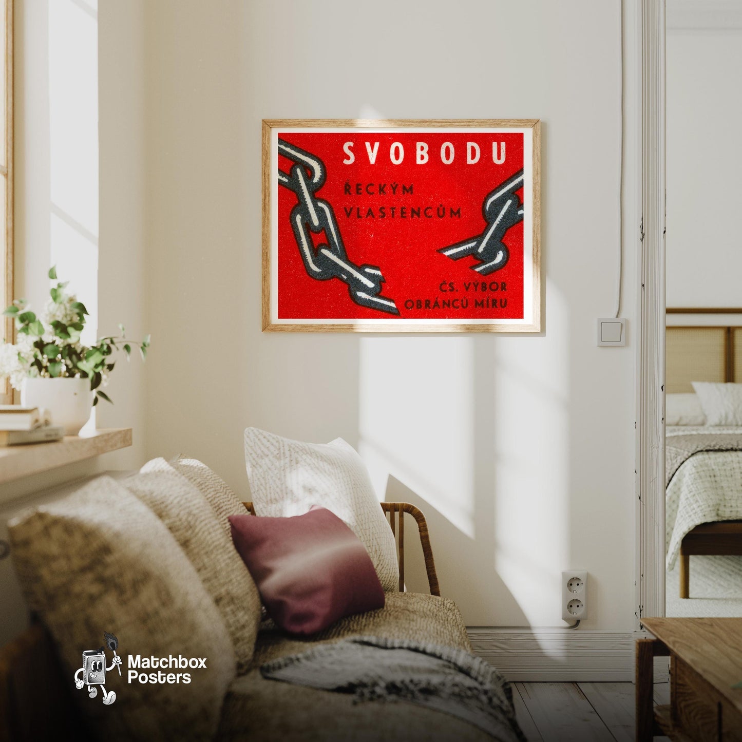 Freedom from Chain - vintage matchbox label print - living room mockup