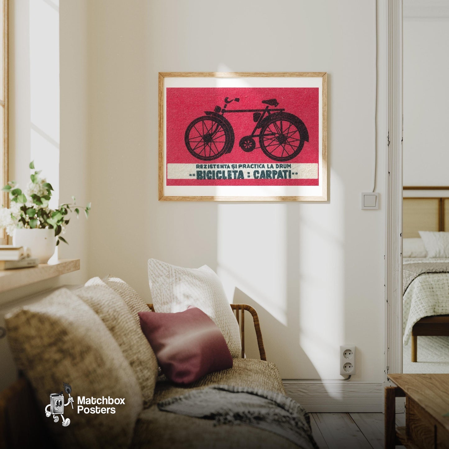 Bicycle - vintage matchbox label print - living room mockup