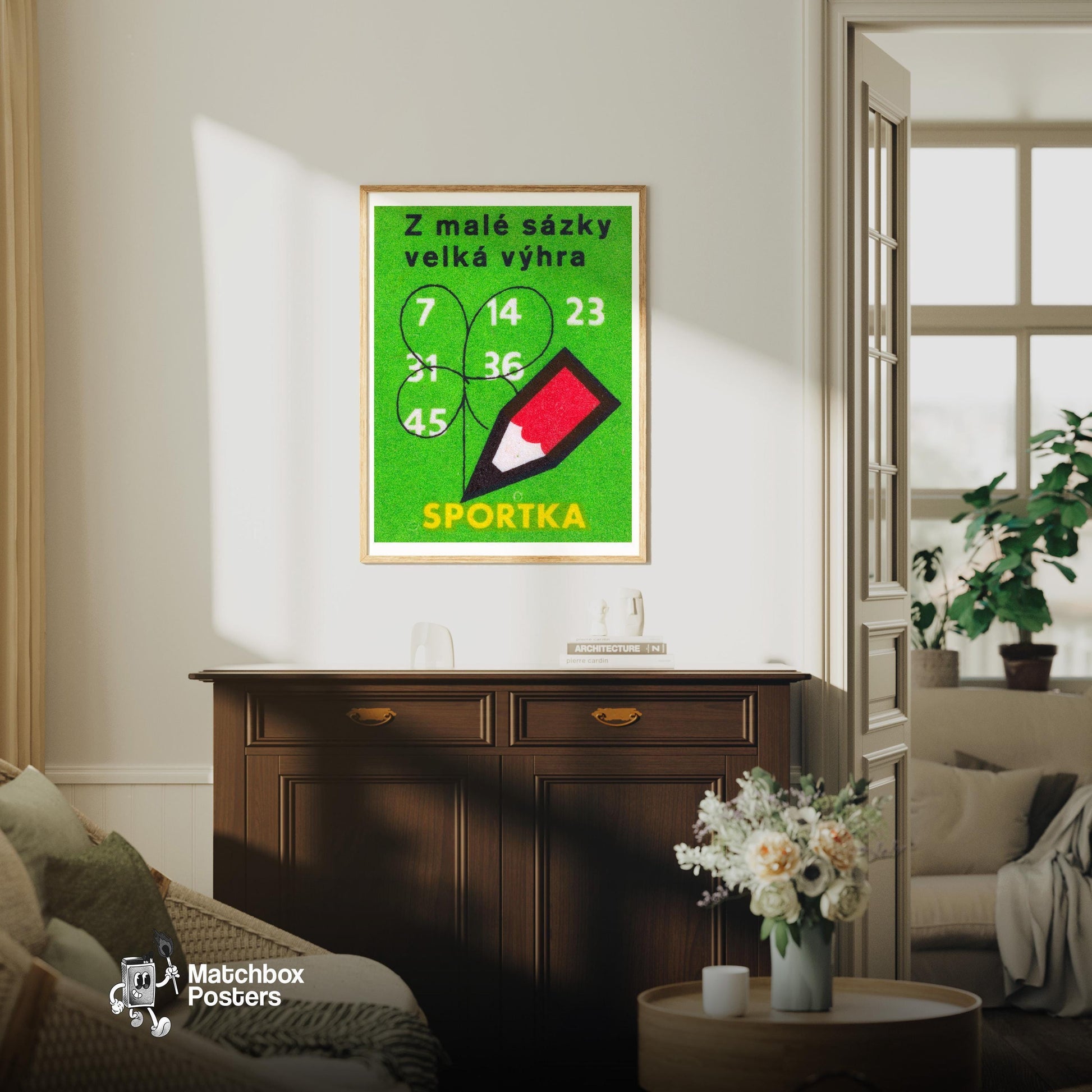 Big Win from Small Bet - vintage matchbox label print - living room mockup