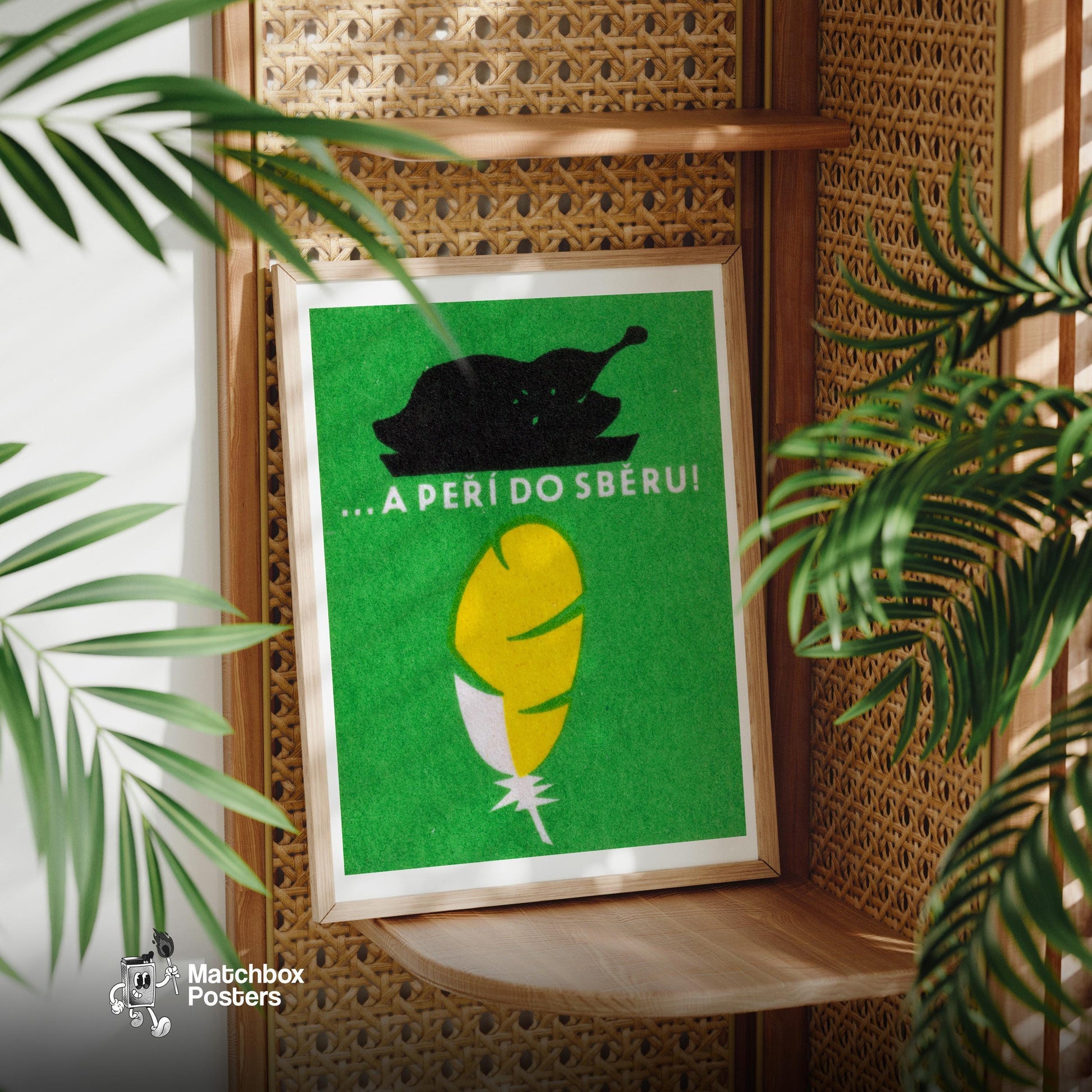 Yellow Feather and Bird - vintage matchbox label print - office wall