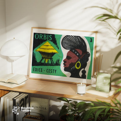 African Tribal Hut - vintage matchbox label print - office wall