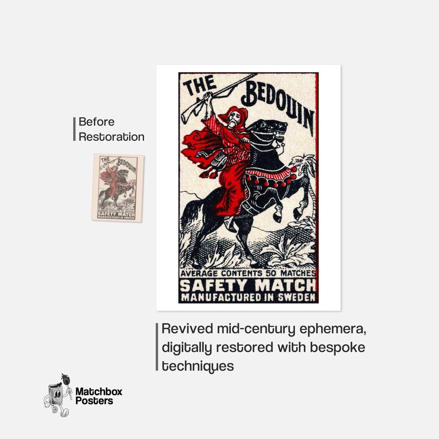 Bedouin Rider - vintage matchbox label print - framed wall art preview