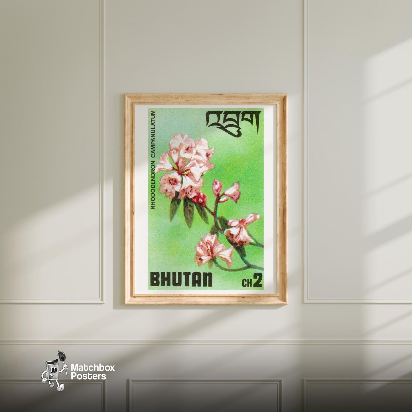 Pink Rhododendron - vintage matchbox label print - bedroom mockup