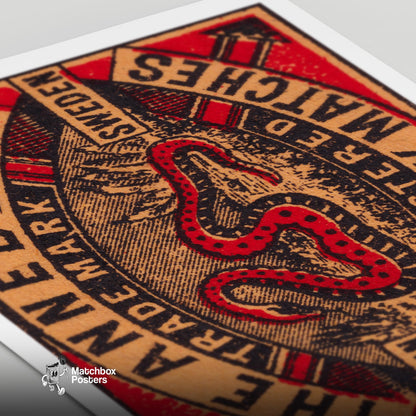 Red Snake - vintage matchbox label print - close-up detail